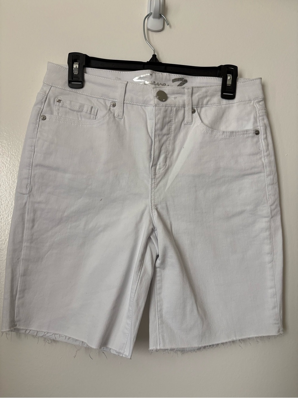 Seven7 White Denim Bermuda Shorts with Raw Edge